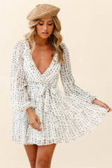 Floating On Clouds Long Sleeve Frill Trim Dress Floral Print White