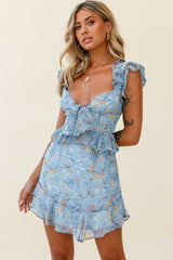 Say That Again Bust Tie Ruffle Trim Dress Floral Print Blue