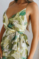 Medellin Gathered Detail Side-Tie Wrap Dress Abstract Print Lime