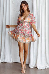 Rosy Tied Bust Mini Dress Floral Beige/Red