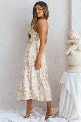 Lake Como Fitted Bodice Cami Strap Midi Dress Painted Floral Print Beige