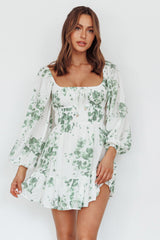 Amilie Shirred Long Sleeve Dress Floral White/Olive