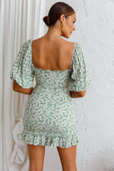 Aperol Spritz Shirred Bodice Puff Sleeve Mini Dress Floral Green