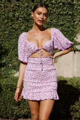 Aperol Spritz Shirred Bodice Puff Sleeve Mini Dress Floral Pink