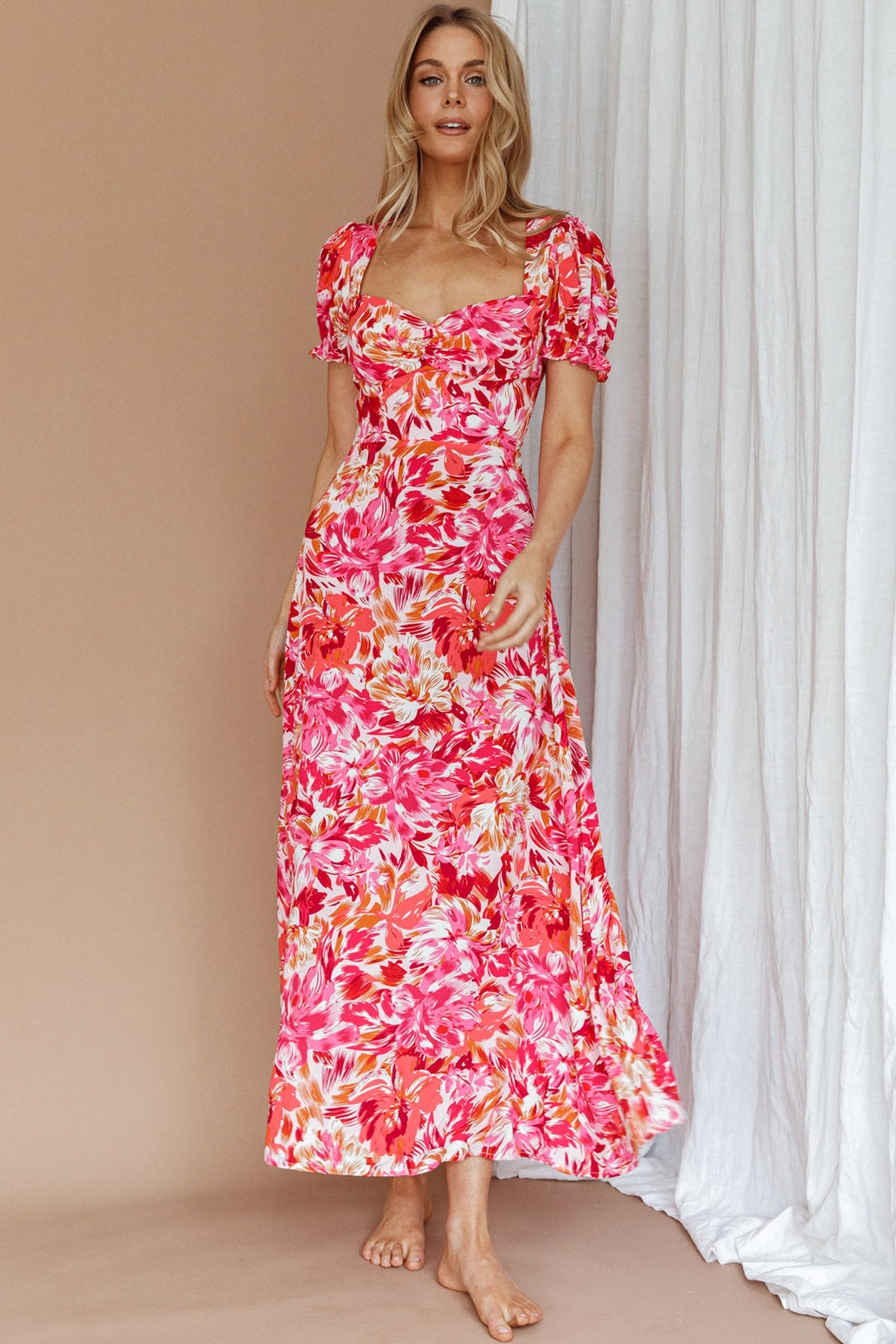 Montebello Puff Sleeve Maxi Dress Floral Pink/Orange