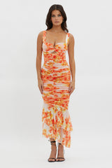 Nadia Ruched Fishtail Midi Dress Floral White