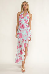 Nerida Waist Tie Asymmetric Dress Floral Ice Blue