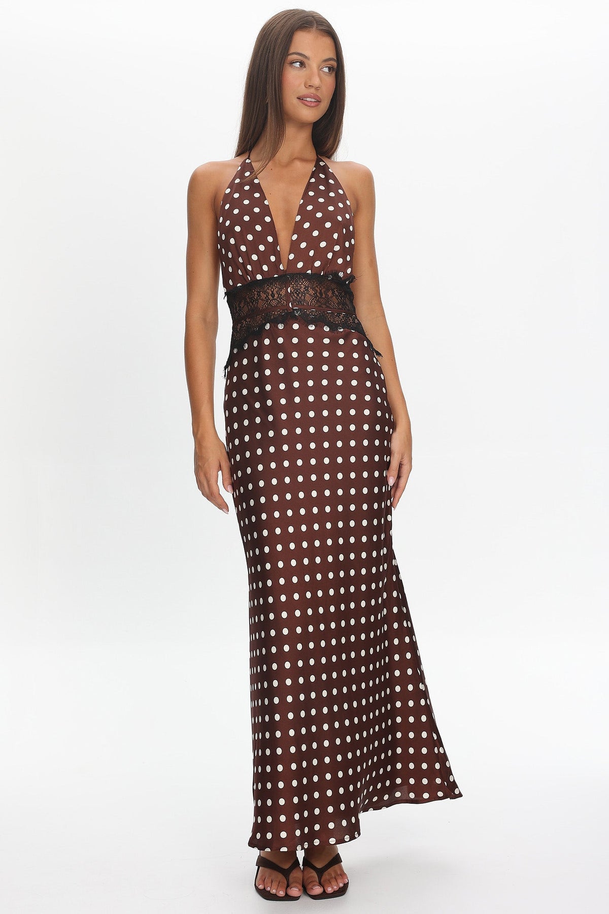 Tarly Lace Waist Halter Maxi Dress Polka Dot Chocolate