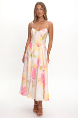 Get My Attention Pleat Waist Maxi Dress Floral Yellow