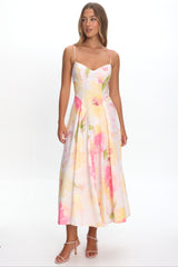 Get My Attention Pleat Waist Maxi Dress Floral Yellow