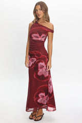 Gala Asymmetric Neckline Maxi Dress Floral Wine