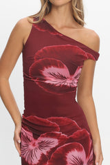 Gala Asymmetric Neckline Maxi Dress Floral Wine