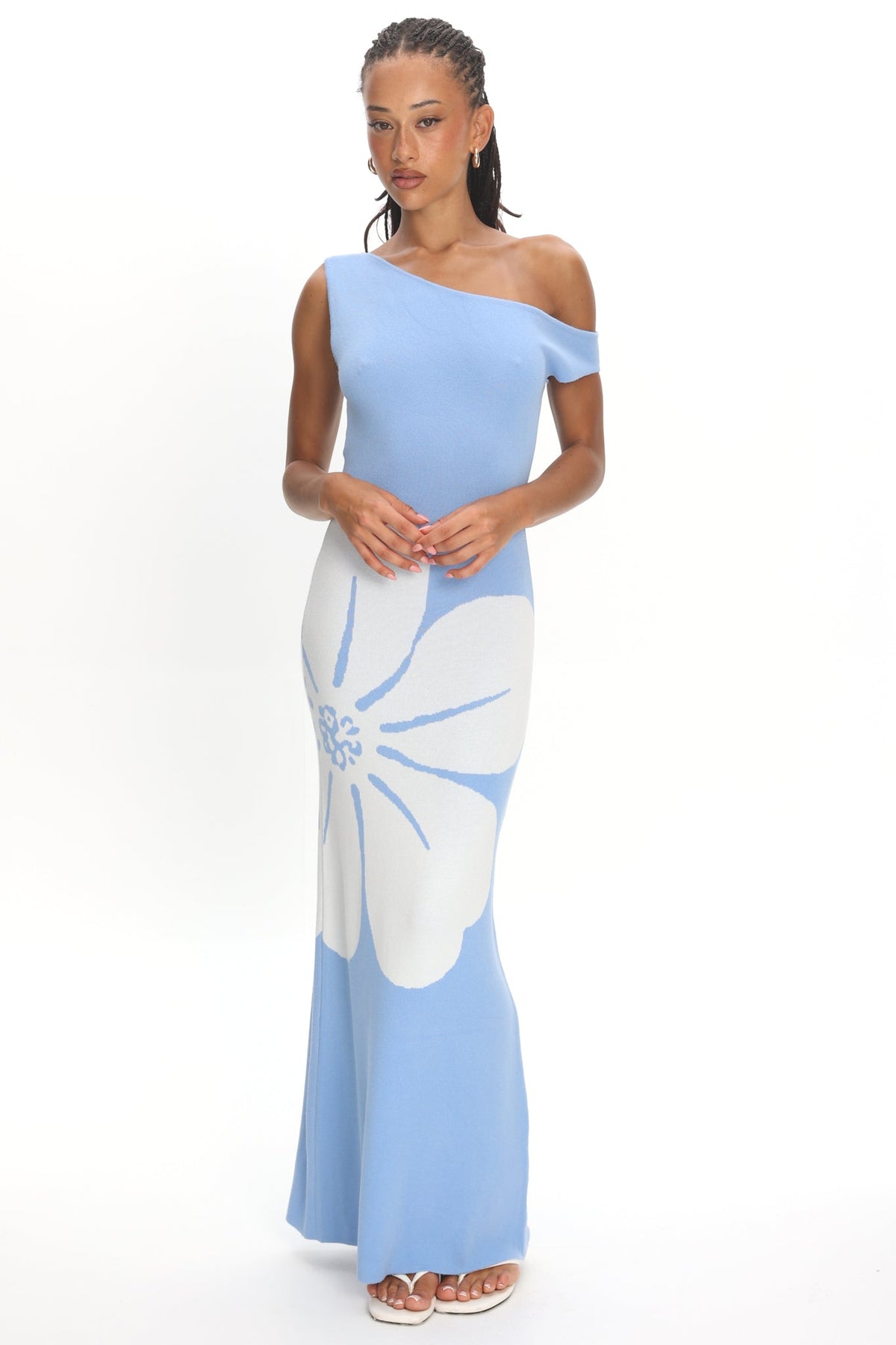 Wildflower Sun Asymmetric Neckline Knit Dress Flower Blue