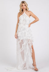 Halter Mesh Ruffles Dress - No Estira, Not Stretchy