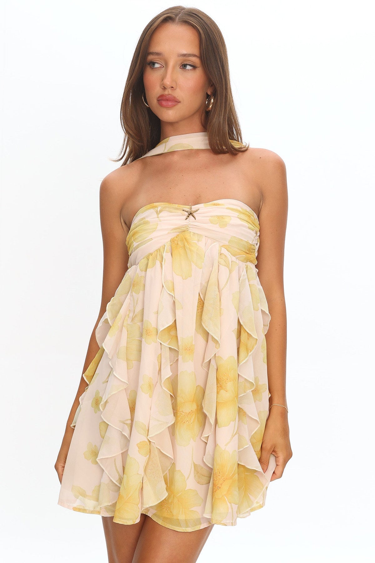 Spirit Reverse Halter Ruffle Mini Dress Floral Butter