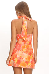 Lioren Plunging Halterneck Mini Dress Floral Orange