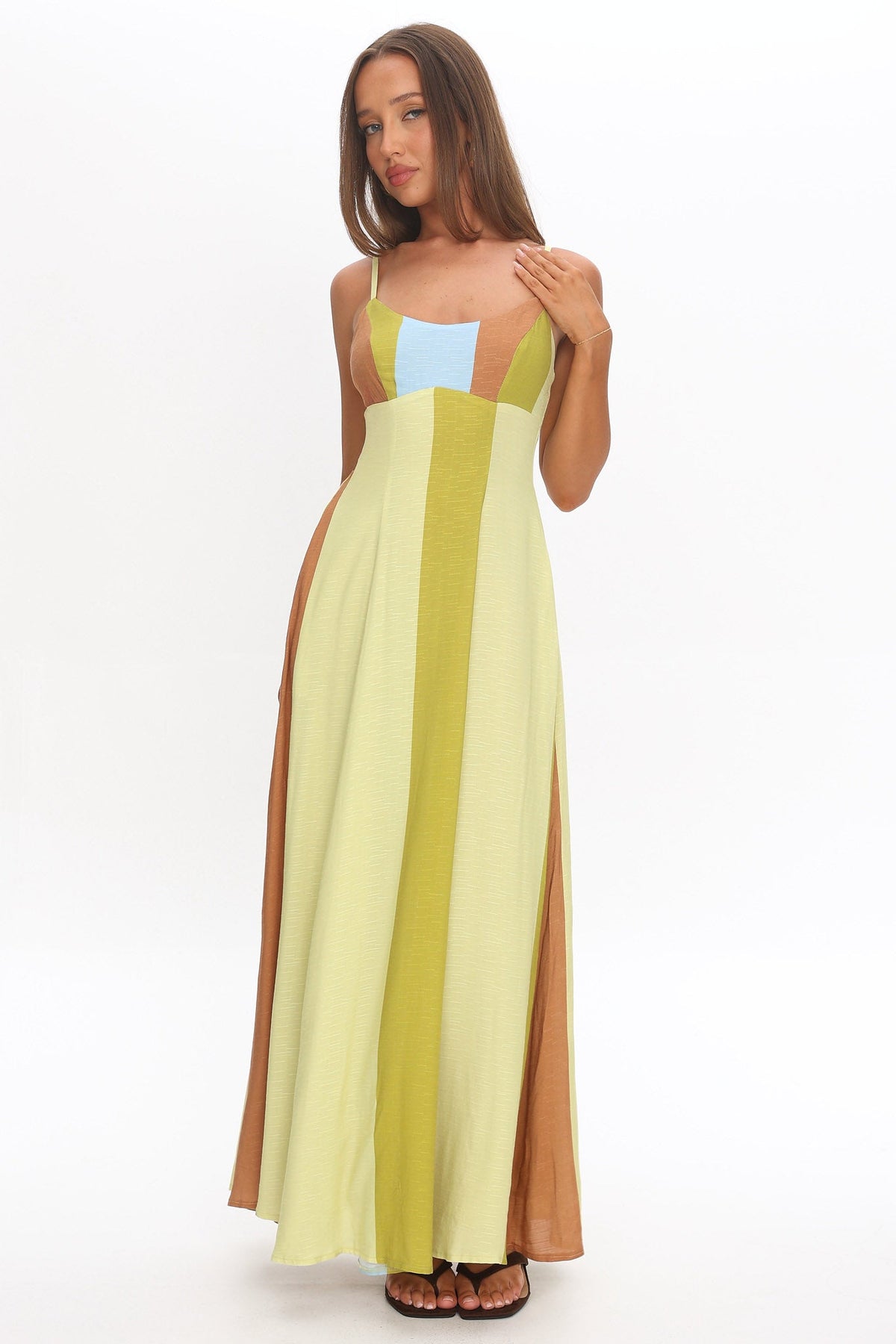Nolan Princess Seam Maxi Dress Stripe Green