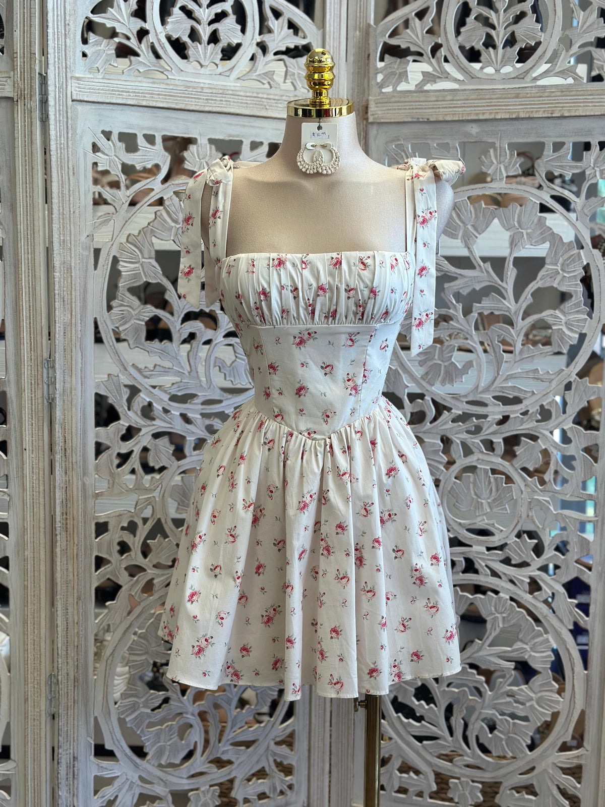 Floral Bow Strap Mini Dress- Not Stretchy ,No Estira