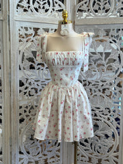 Floral Bow Strap Mini Dress- Not Stretchy ,No Estira