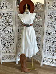 Eyelet Ruffle Midi Dress-  Not Stretchy