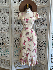 Smocked Floral Midi Dress-No Estira, Not Stretchy