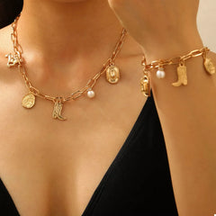 18K Gold-Plated Charm Necklace and Bracelet Jewelry Set