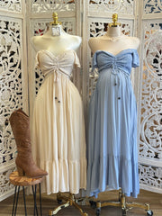 Smocked Linen Maxi Dress- Estira, Stretchy