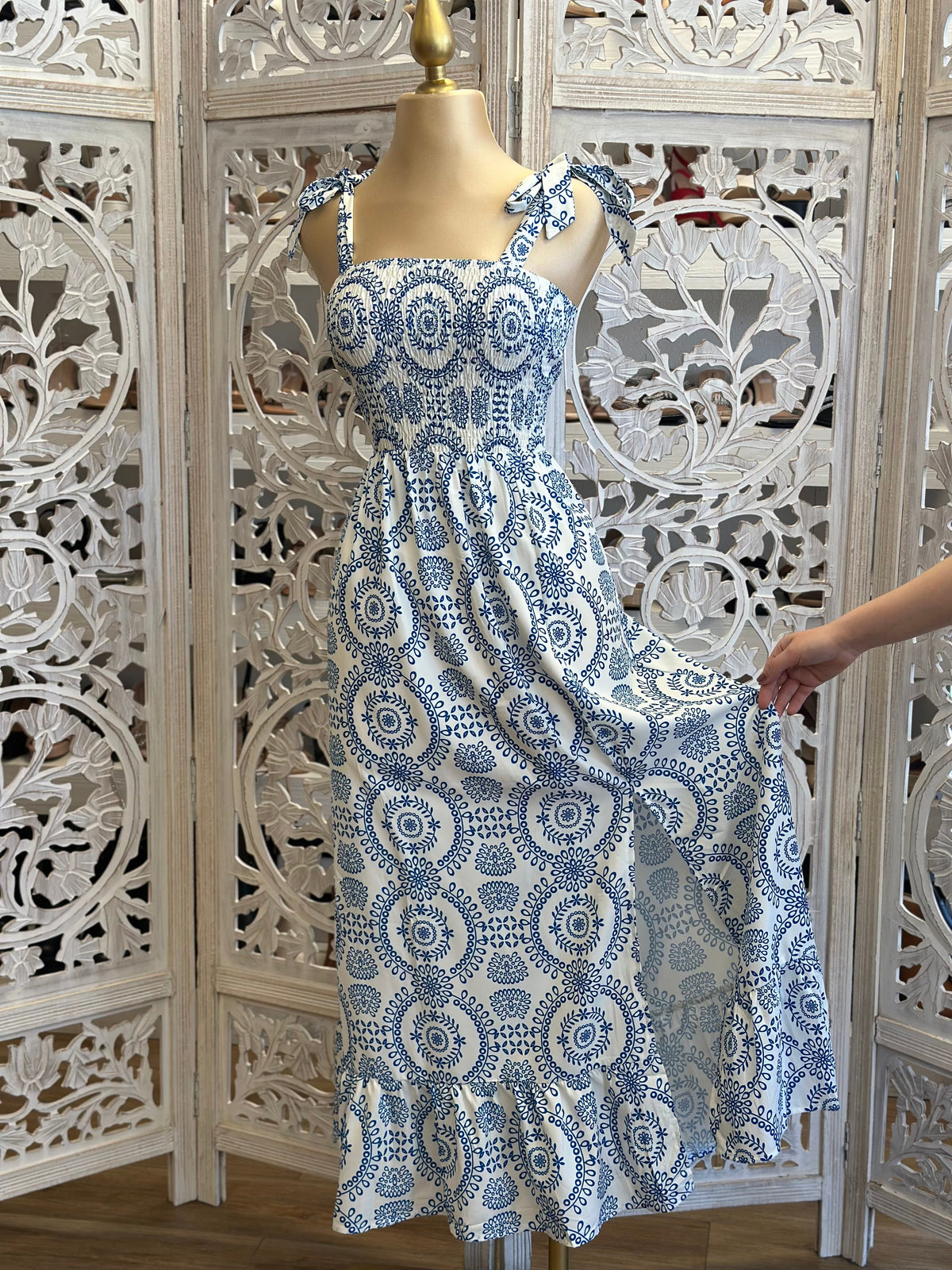 Bow Tie Strap Patterned Maxi Dress- Stretchy