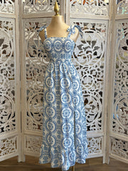 Bow Tie Strap Patterned Maxi Dress- Stretchy