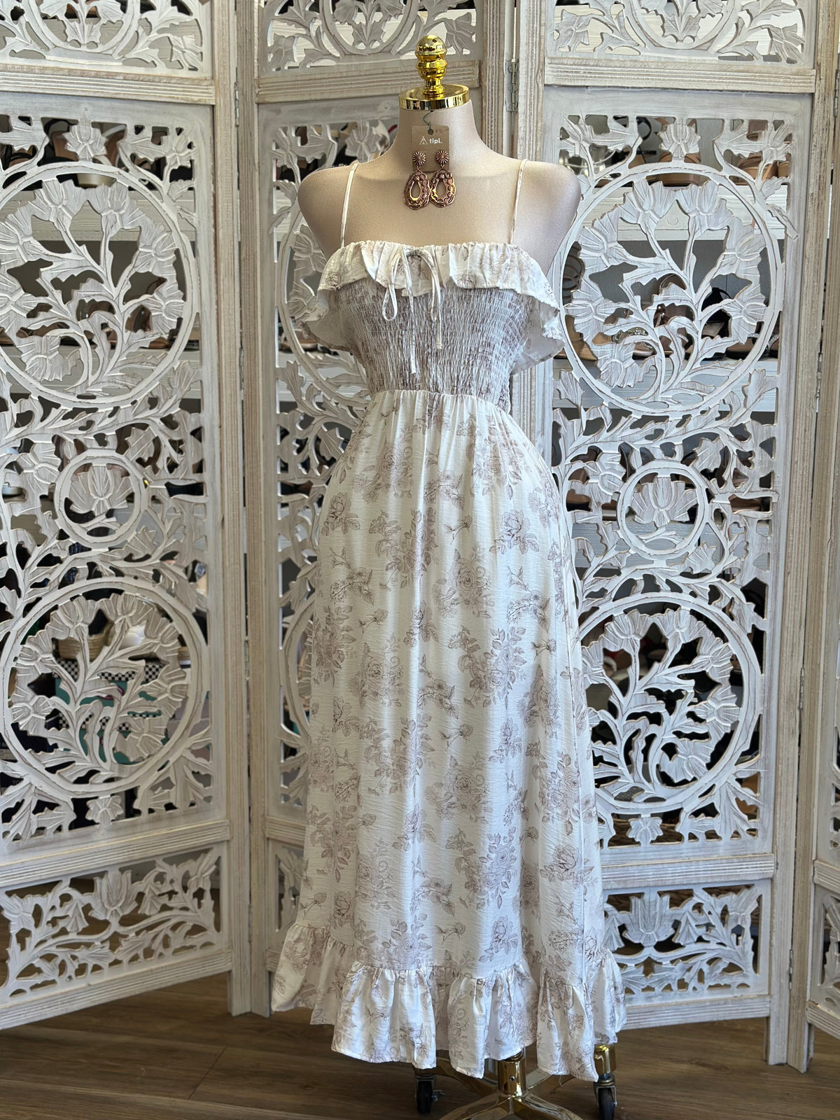 Soft Ivory Rose Maxi Pattern Dress- Estira, Stretchy