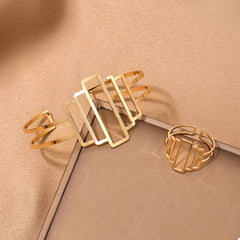 18K Gold-Plated Open Bracelet and Ring Jewelry Set