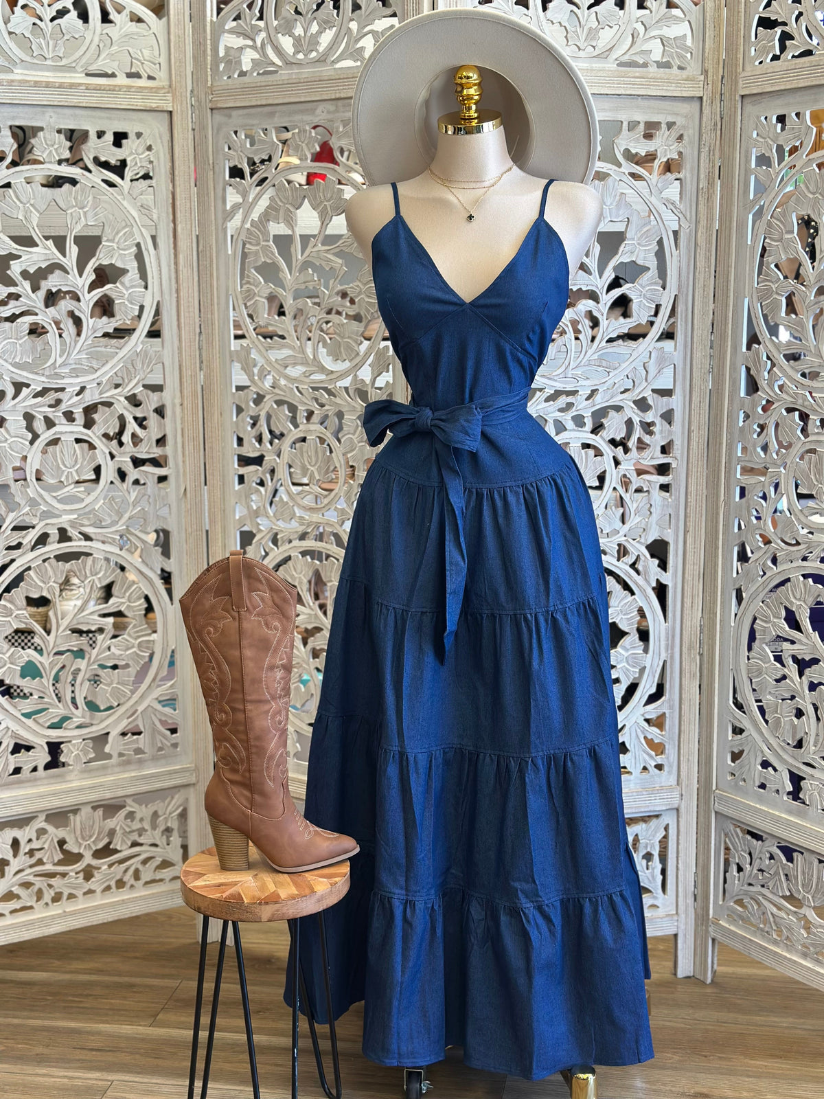 Tiered Denim Blue Maxi Dress Dress- No Estira, Not Stretchy