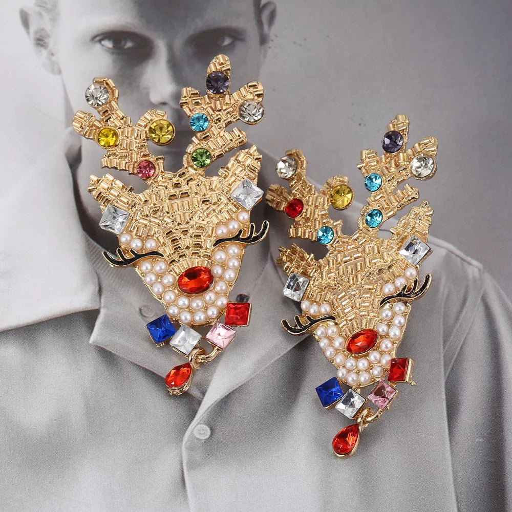 Christmas Reindeer Earrings with Colorful Rhinestones