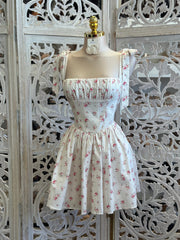 Floral Bow Strap Mini Dress- Not Stretchy ,No Estira