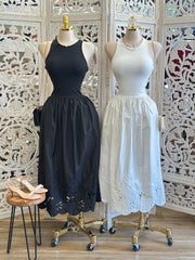 Cross back Eyelet Midi Dress- Estira Poco, Slightly Stretchy
