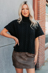 Cozy Escape Short Sleeve Cable Knit Sweater (Black)