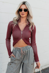 Dreamboat Babe Ribbed Zip-Up Top (Wine)