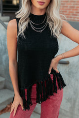 Hidden Spark Sleeveless Fringe Sweater (Black)