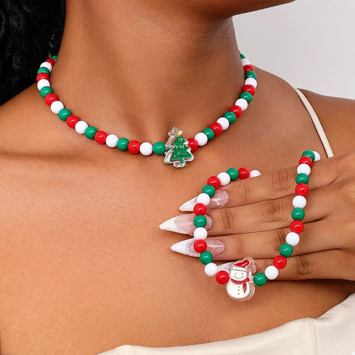 2 Piece Christmas Beaded Necklace with Holiday Charms