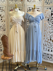 Smocked Linen Maxi Dress- Estira, Stretchy