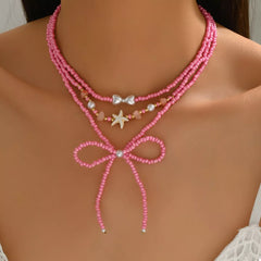 Beaded Three-Layered Necklace with Bow and Starfish Charms