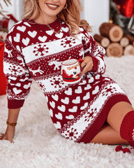 Christmas Elk Heart Snowflake Print Knit Casual Dress