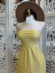 Folded Strapless Yellow Pattern Midi Dress-No Estira, Not Stretchy