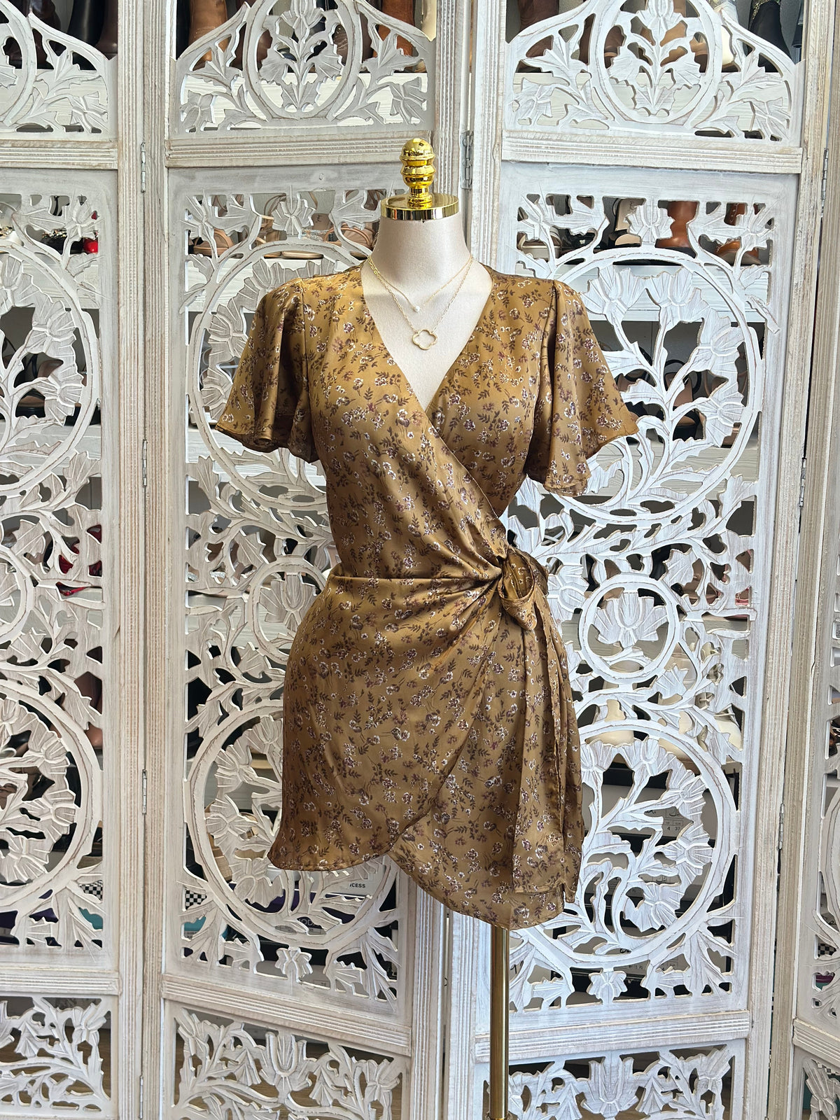 Brown Floral Satin Wrapped Mini Dress - No Estira, Not Stretchy