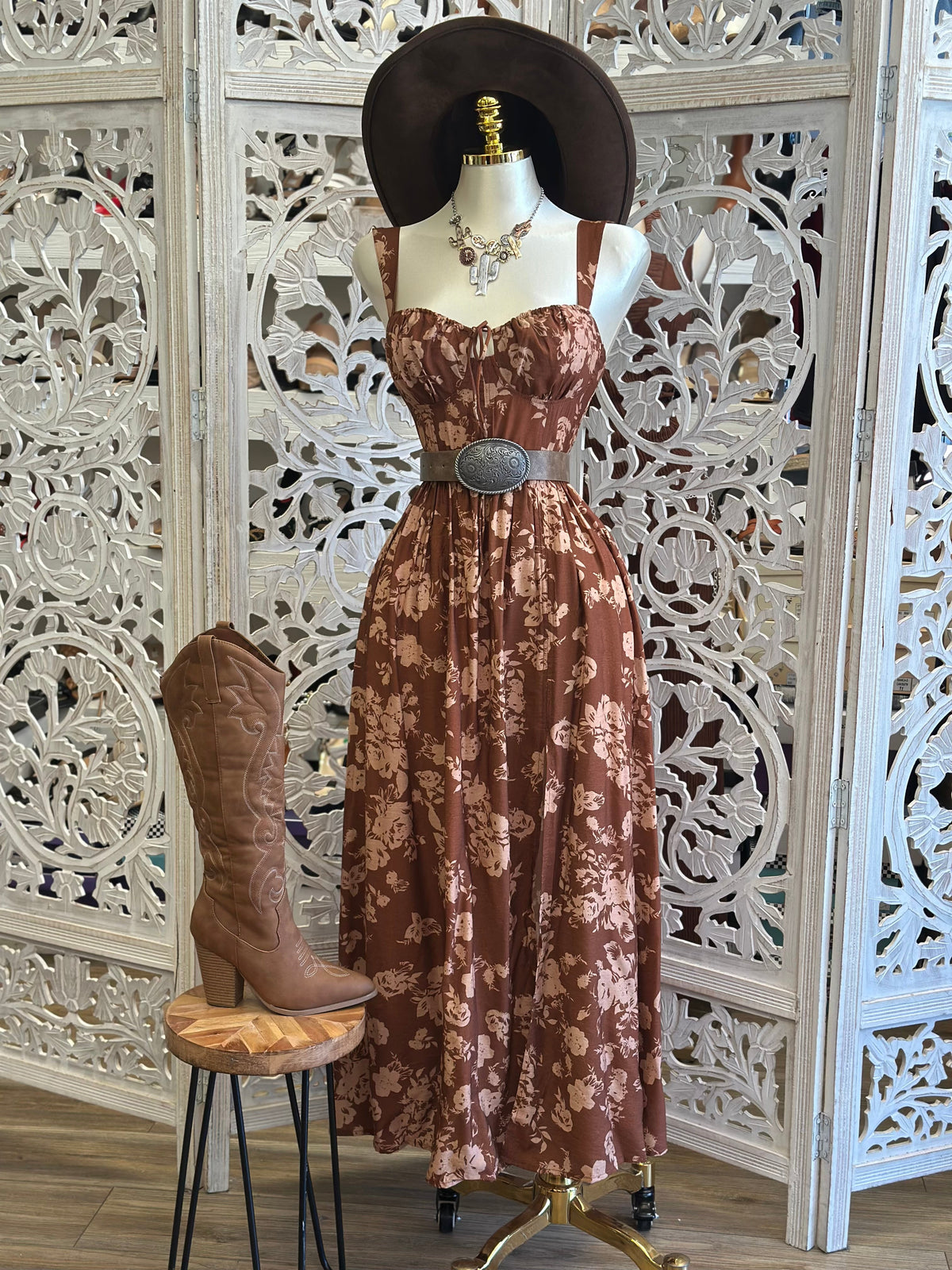 Brown Floral Maxi Dress- Stretchy, Estira
