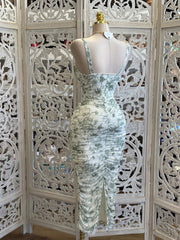 Sage Flowers Ruched Midi Bodycon Dress-Estira  ,Stretchy
