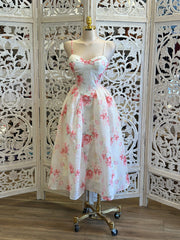 Pink Floral Cami Puff Ivory Dress -Estira, Stretchy