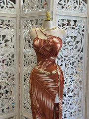 Brown Palm Leaves Dress- Estira, Stretchy