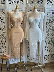 Puff Sleeve Lace MidiDress -Estira, Stretchy