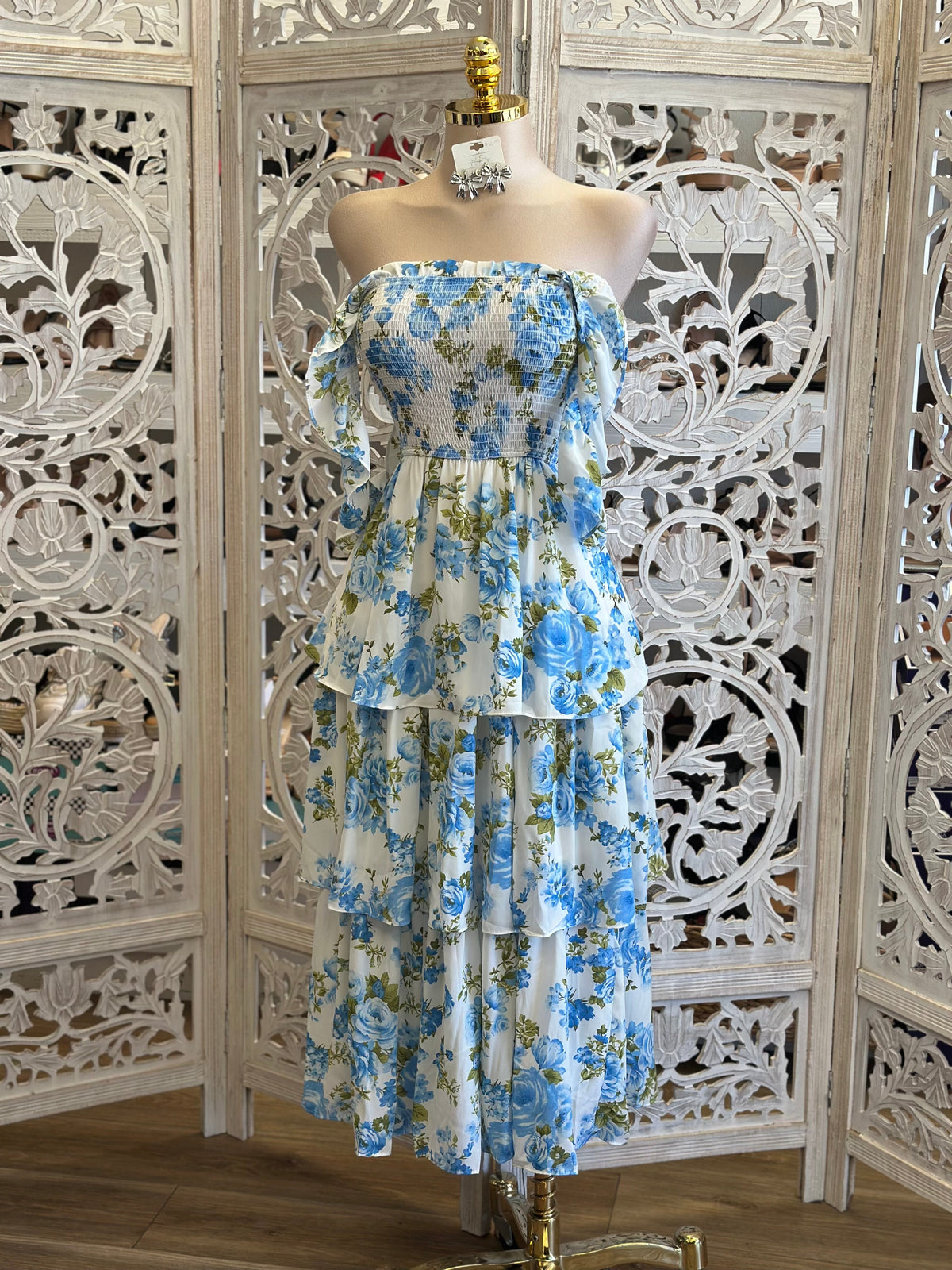 Ruffle Blue Floral Midi Dress- Estira,